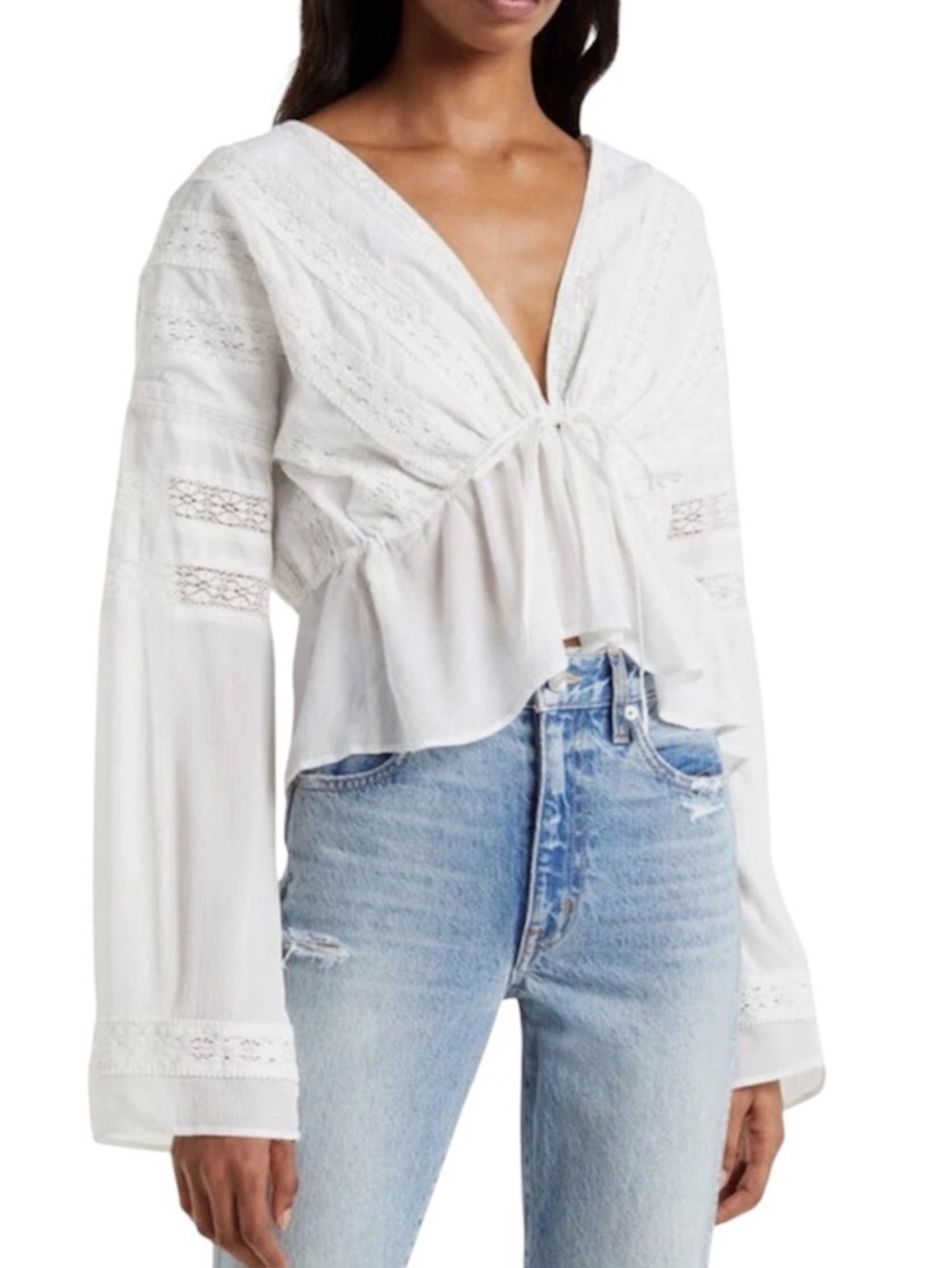 ALLSAINTS Chlo Broderie Tie Waist Cotton Top Lace Trim White Women's 6
